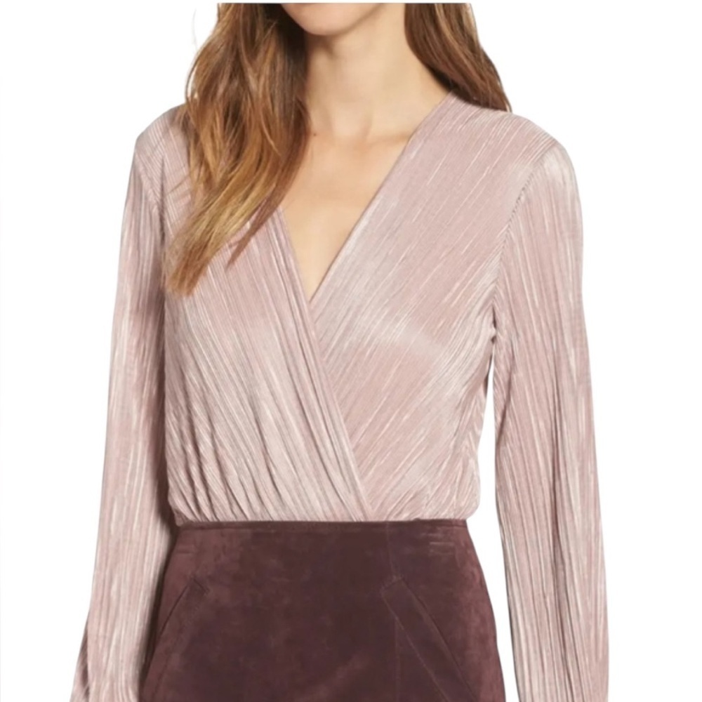 ASTR The Label Deep-V Pleated Pink Bodysuit- Size Small